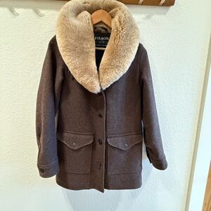 Filson Brown Wool Trench Coat with 100% Australian Shearling Fur Collar.